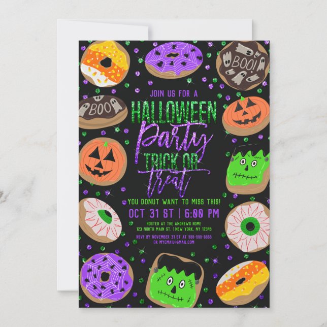 Cool Cute Glitter Confetti Donuts Halloween Party Invitation (Front)