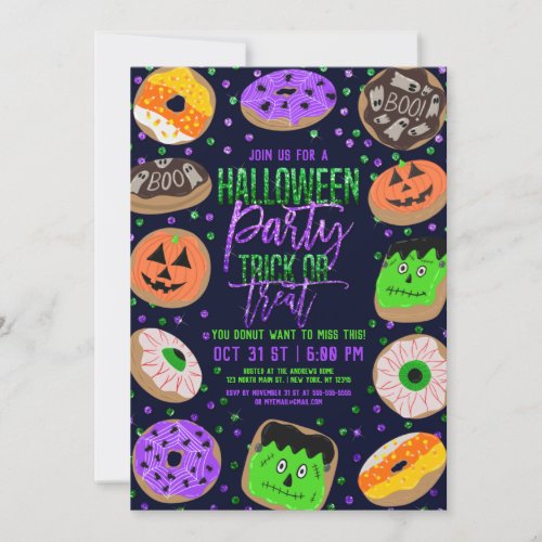 Cool Cute Glitter Confetti Donuts Halloween Party Invitation