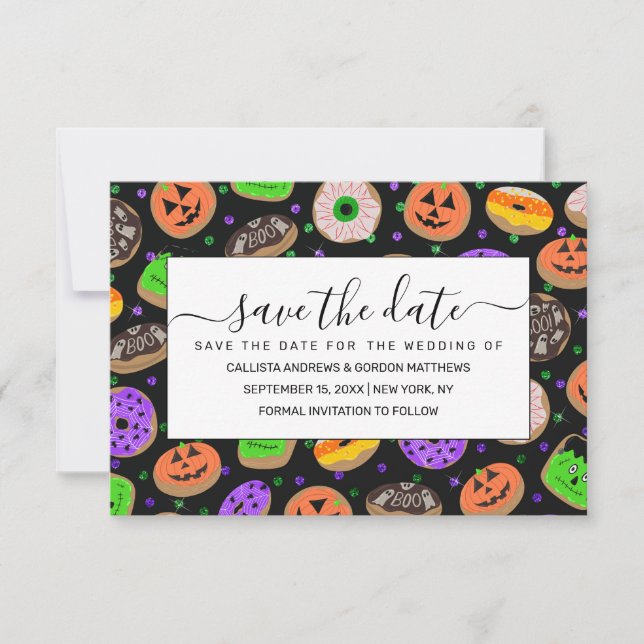 Cool Cute Glitter Confetti Donuts Halloween Save The Date (Front)