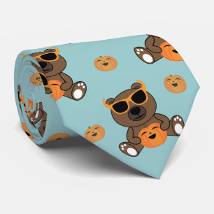 Cool cute Halloween bear sunglasses and pumpkin Neck Tie