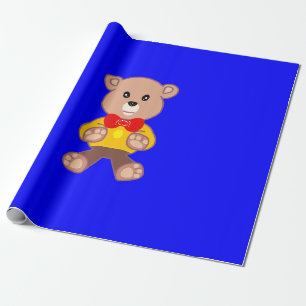 Cool Cute Little Bowtie Teddy Bear on Blue Wrapping Paper