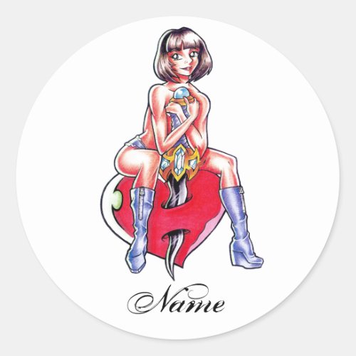 Cool Cute Manga Girl Heart and Dagger tattoo Classic Round Sticker