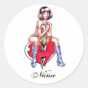 Cool Cute Manga Girl Heart and Dagger tattoo Classic Round Sticker