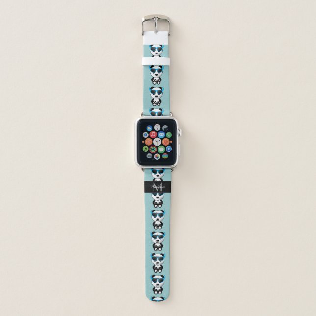 Cool cute panda bear pattern blue Monogram Apple Watch Band (Front)