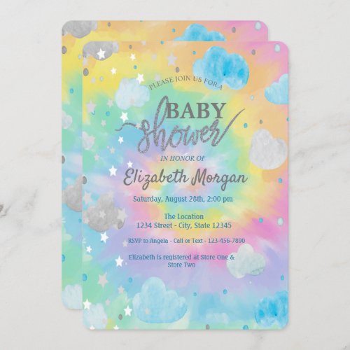 Cool Cute Stars  Clouds Tie Dye Baby Shower  Invitation