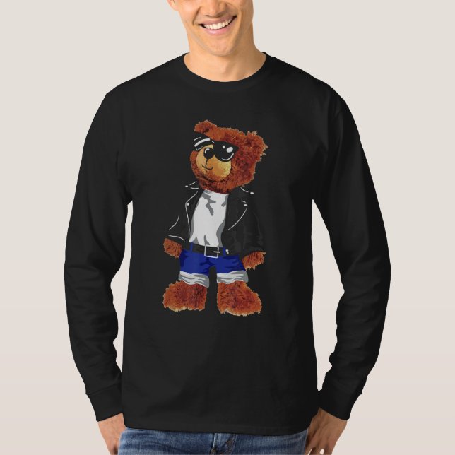 Cool Cute Teddy Bear With Sunglasses Leather Jacke T-Shirt (Front)