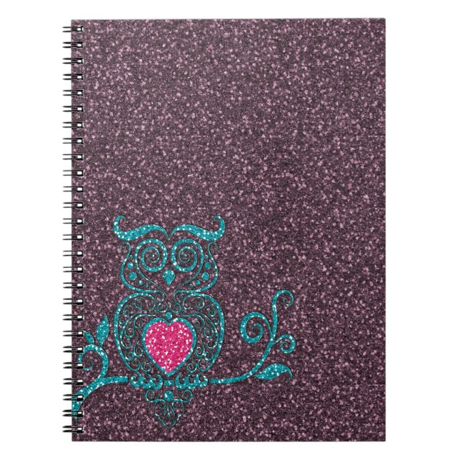 Cool cute trendy turquoise blue swirly owl notebook (Front)
