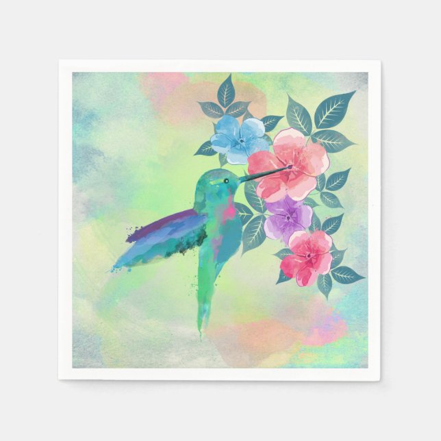 Cool cute  vibrant watercolours hummingbird floral napkins (Front)