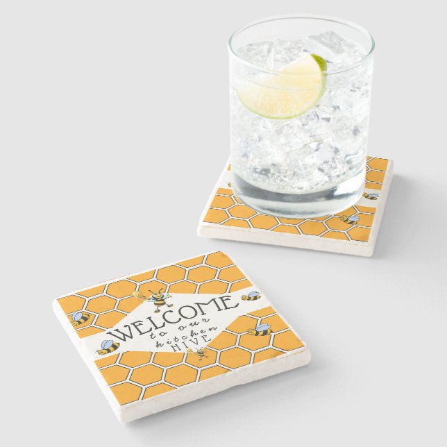 Cool & Cute Welcome To Our Kitchen Bee Hive Stone Coaster (Side)