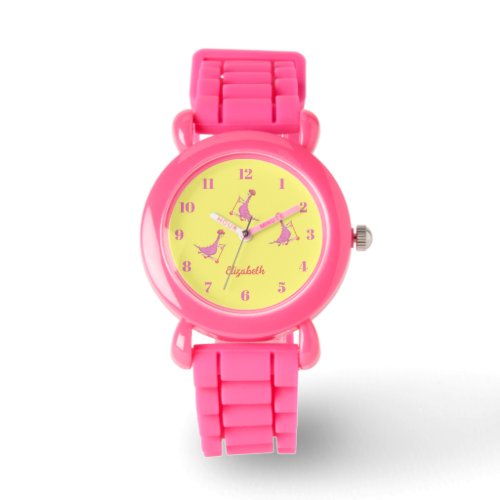 Cool Cute Yellow Pink Dinosaurs Pattern Girly Name Watch