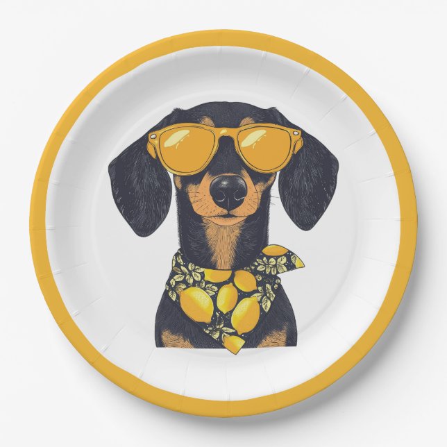 Cool Dachshund Dog Sunglasses Lemons Paper Plates (Front)