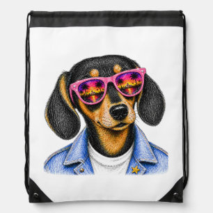 Cool Dachshund Summer Sunset Dog Design Drawstring Bag