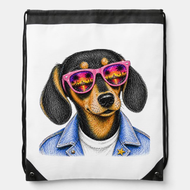 Cool Dachshund Summer Sunset Dog Design Drawstring Bag (Front)