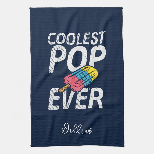 Cool Dad Summer BBQ Grill Pop Personalized Kitchen Towel (Vertical)