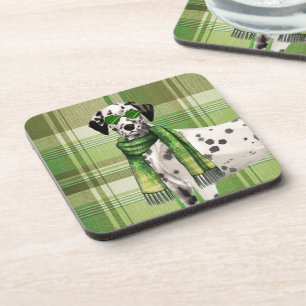 Cool Dalmatian in Sunglasses and Scarf Green Plaid Beverage Coaster