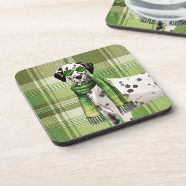 Cool Dalmatian in Sunglasses and Scarf Green Plaid Beverage Coaster (Left Side)