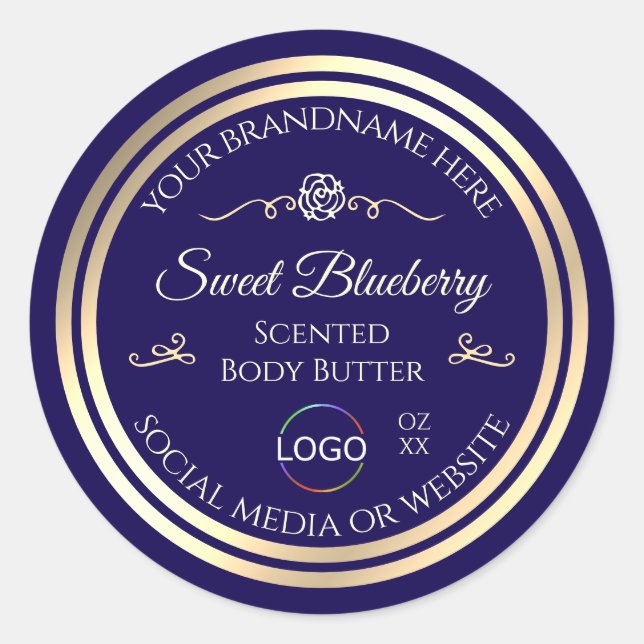 Cool Dark Blue Product Label Gold Frame with Logo (Front)