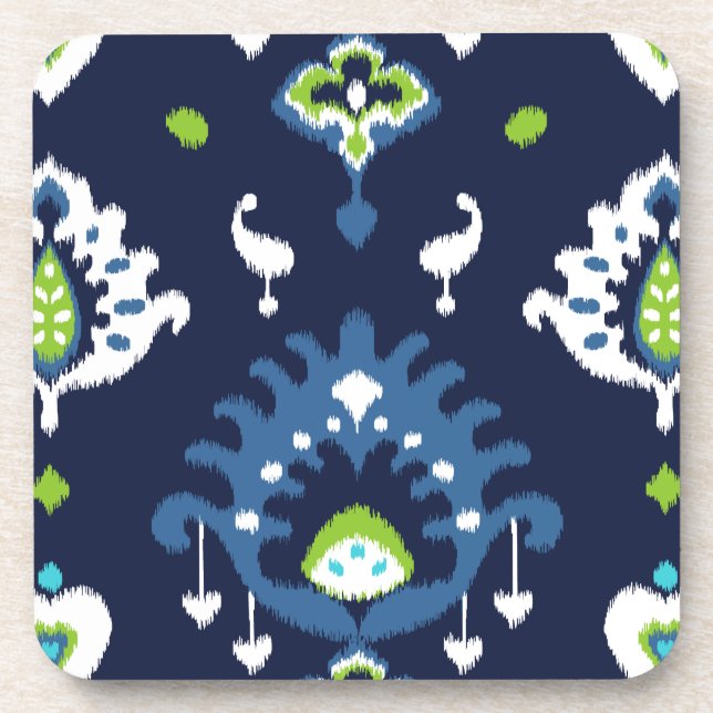 Cool dark navy blue and green tribal ikat print beverage coaster (Front)