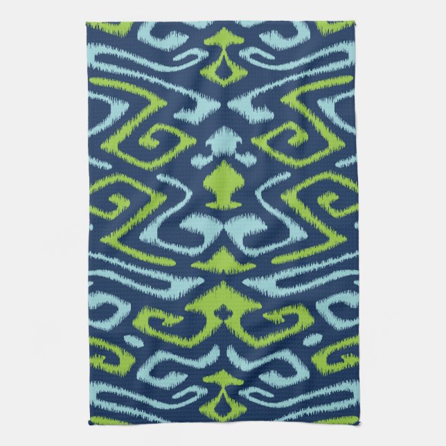 Cool dark navy blue and green tribal ikat print kitchen towel (Vertical)