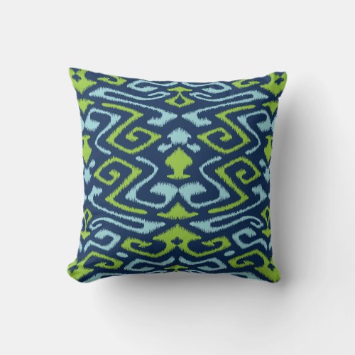 Cool dark navy blue and green tribal ikat print throw pillow