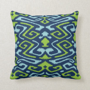 Cool dark navy blue and green tribal ikat print throw pillow