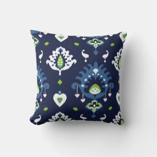 Cool dark navy blue and green tribal ikat print throw pillow