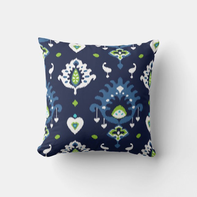 Cool dark navy blue and green tribal ikat print throw pillow (Front)
