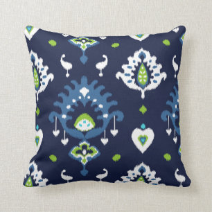 Cool dark navy blue and green tribal ikat print throw pillow