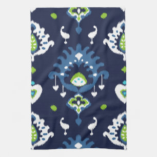 Cool dark navy blue and green tribal ikat print towel