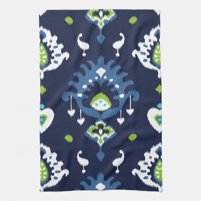 Cool dark navy blue and green tribal ikat print towel (Vertical)