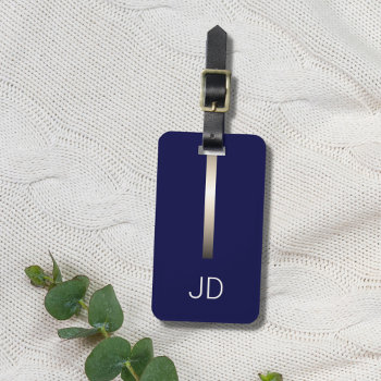 Cool Dark Navy Blue Faux Metal Stripe Monogram Luggage Tag by Weaselgift at Zazzle