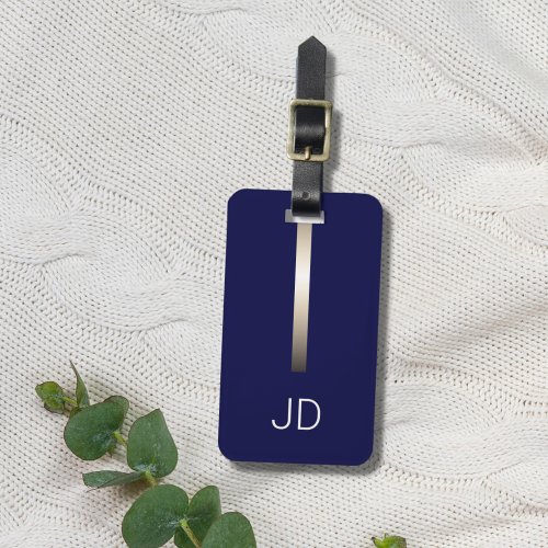 Cool Dark Navy Blue Faux Metal Stripe Monogram Luggage Tag