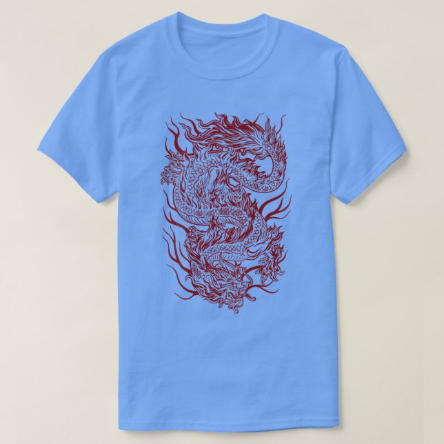 Cool Dark Red Japanese Dragon Backside  T-Shirt (Design Front)