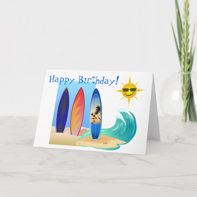 Cool Day At The Beach Surfing Surfboard Birthday Card (Front)