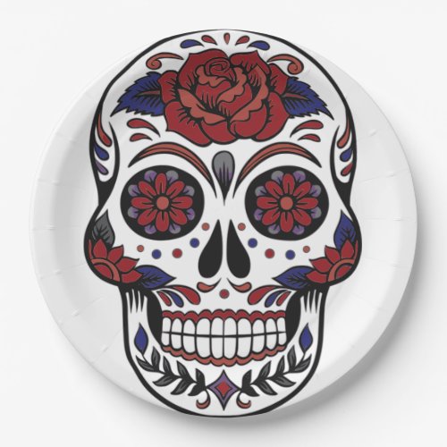 Cool Day of the dead skull in burgundy and blue Paper Plates