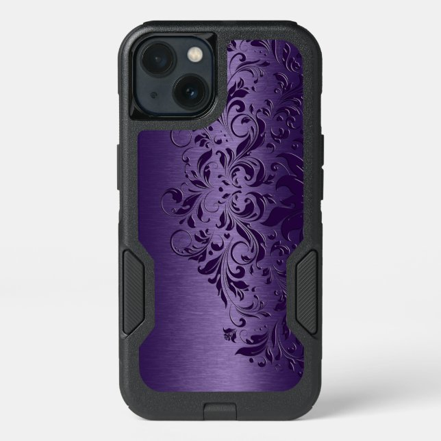 Cool Deep Purple Background & Floral Lace Otterbox iPhone Case (Back)