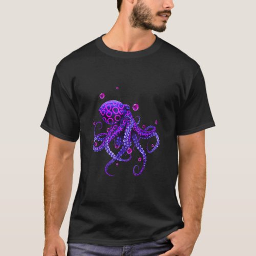 Cool deep sea blue purple octopus with pink bubble T_Shirt