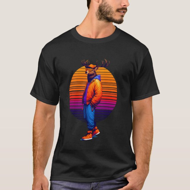 Cool Deer Modern Urban Style Sunset Retro Art T-Shirt (Front)