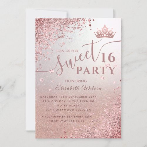 Cool diamond glitter rose gold tiara sweet 16  invitation