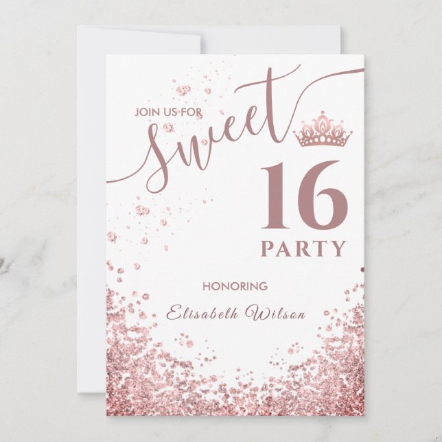 Cool diamond glitter rose gold tiara sweet 16  invitation (Front)