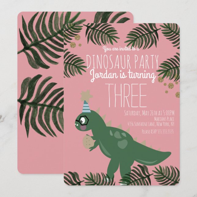 Cool Dinosaur Birthday Party Girl Glitter Confetti Invitation (Front/Back)
