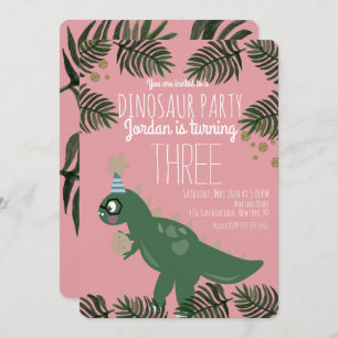 Cool Dinosaur Birthday Party Girl Glitter Confetti Invitation