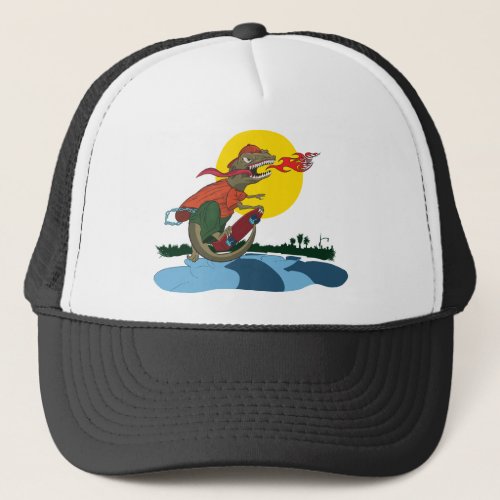 Cool Dinosaur Kid on Skateboard by Rich Patric Trucker Hat