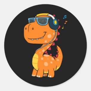 Cool dinosaur listening music classic round sticker