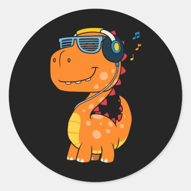 Cool dinosaur listening music classic round sticker (Front)