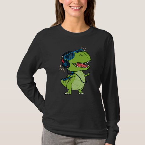 Cool dinosaur listening to music T_Shirt