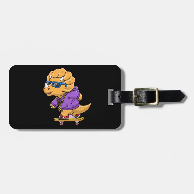 cool dinosaur playing skateboard cartoon luggage tag (Front Horizontal)