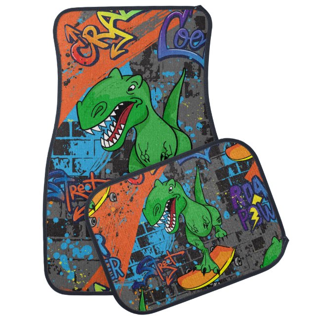 Cool Dinosaur Skateboard Seamless Pattern Car Floor Mat (Set)