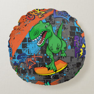 Cool Dinosaur Skateboard Seamless Pattern Round Pillow