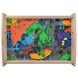 Cool Dinosaur Skateboard Seamless Pattern Serving Tray